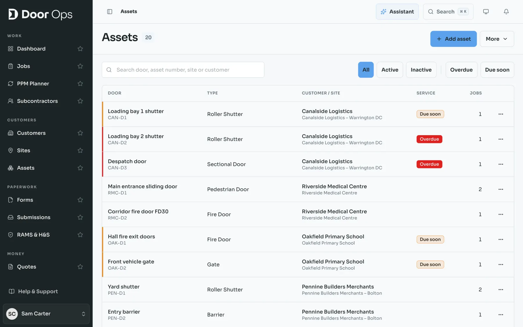 Door Ops asset register showing each door with its service status