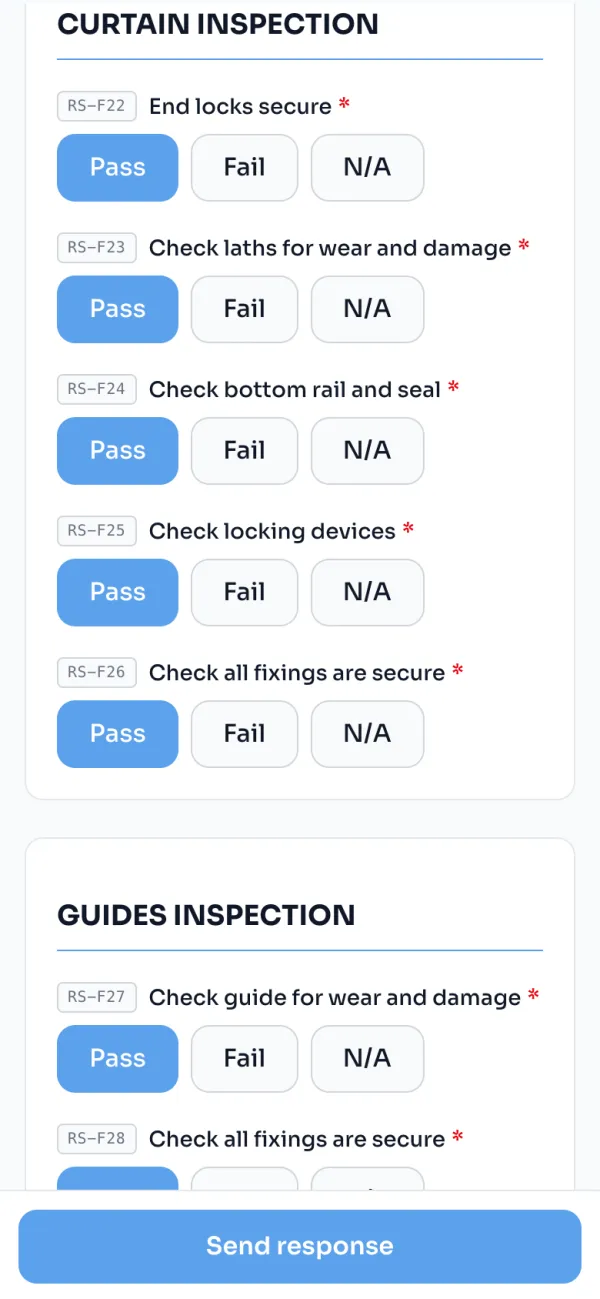 An engineer ticking Pass, Fail or N/A through the curtain and guide checks on a phone