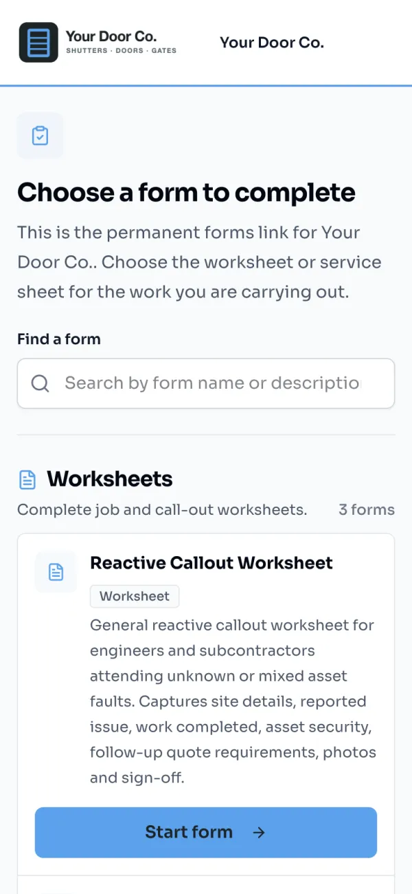 An engineer’s phone showing the company’s forms to choose from