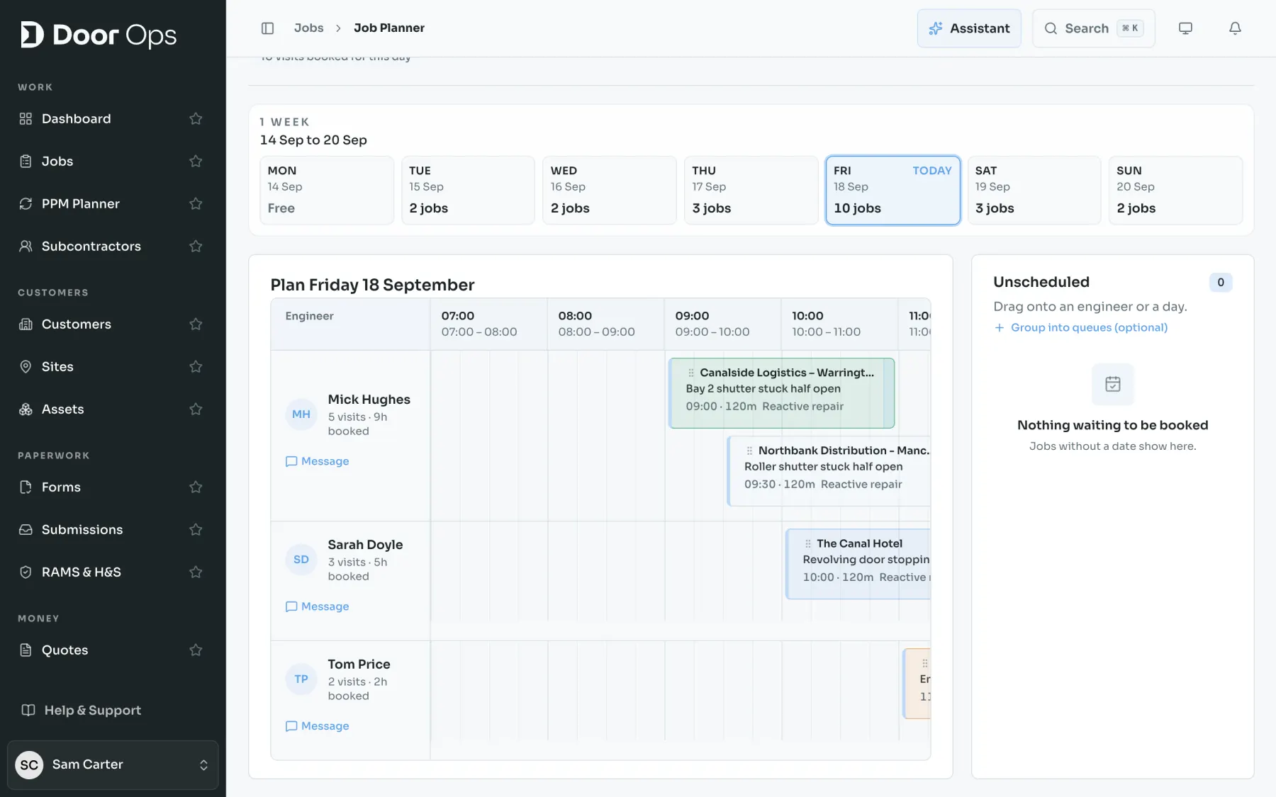 Door Ops job planner timeline with visits for three engineers across the day