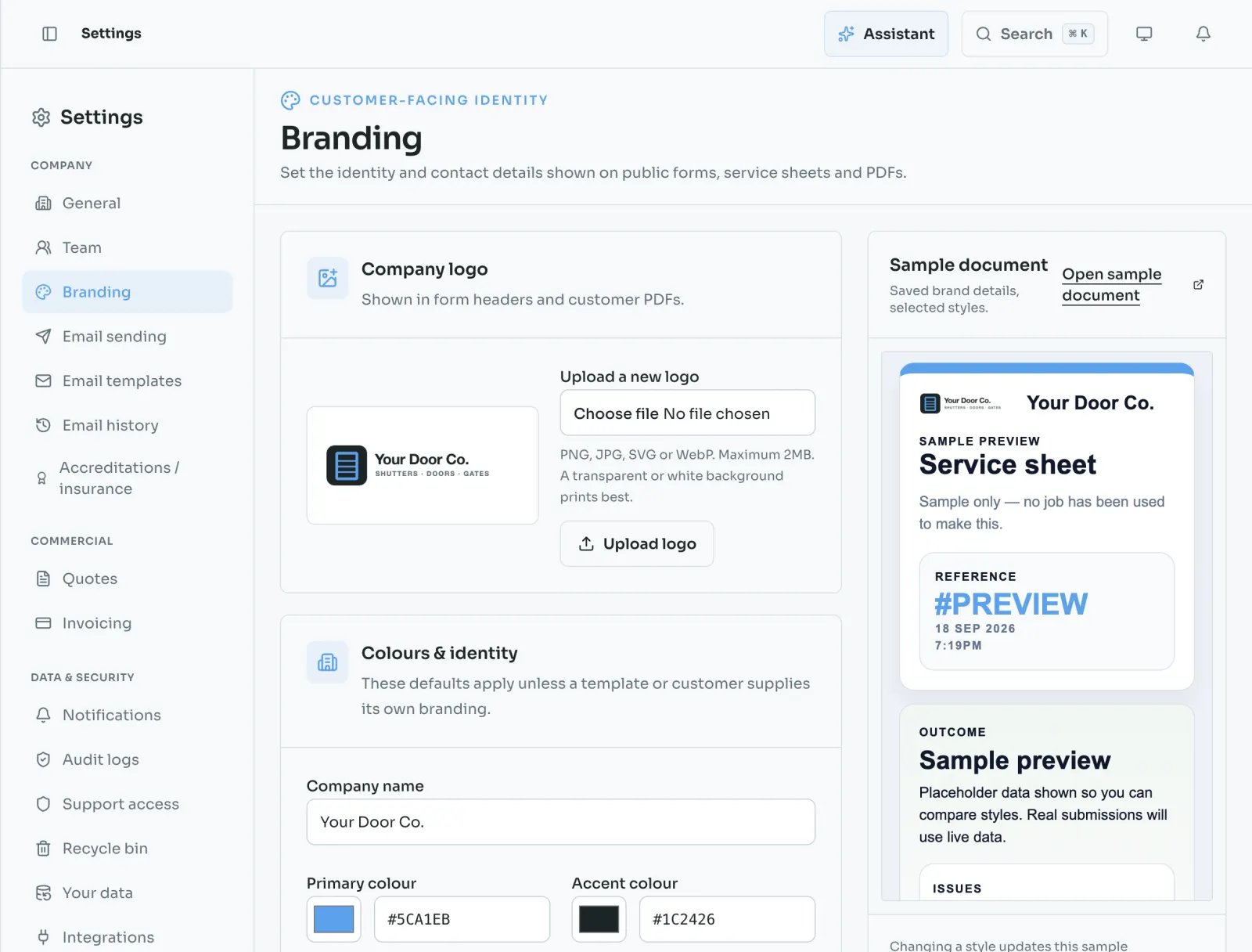Branding settings with the company logo, colours and a live sample document