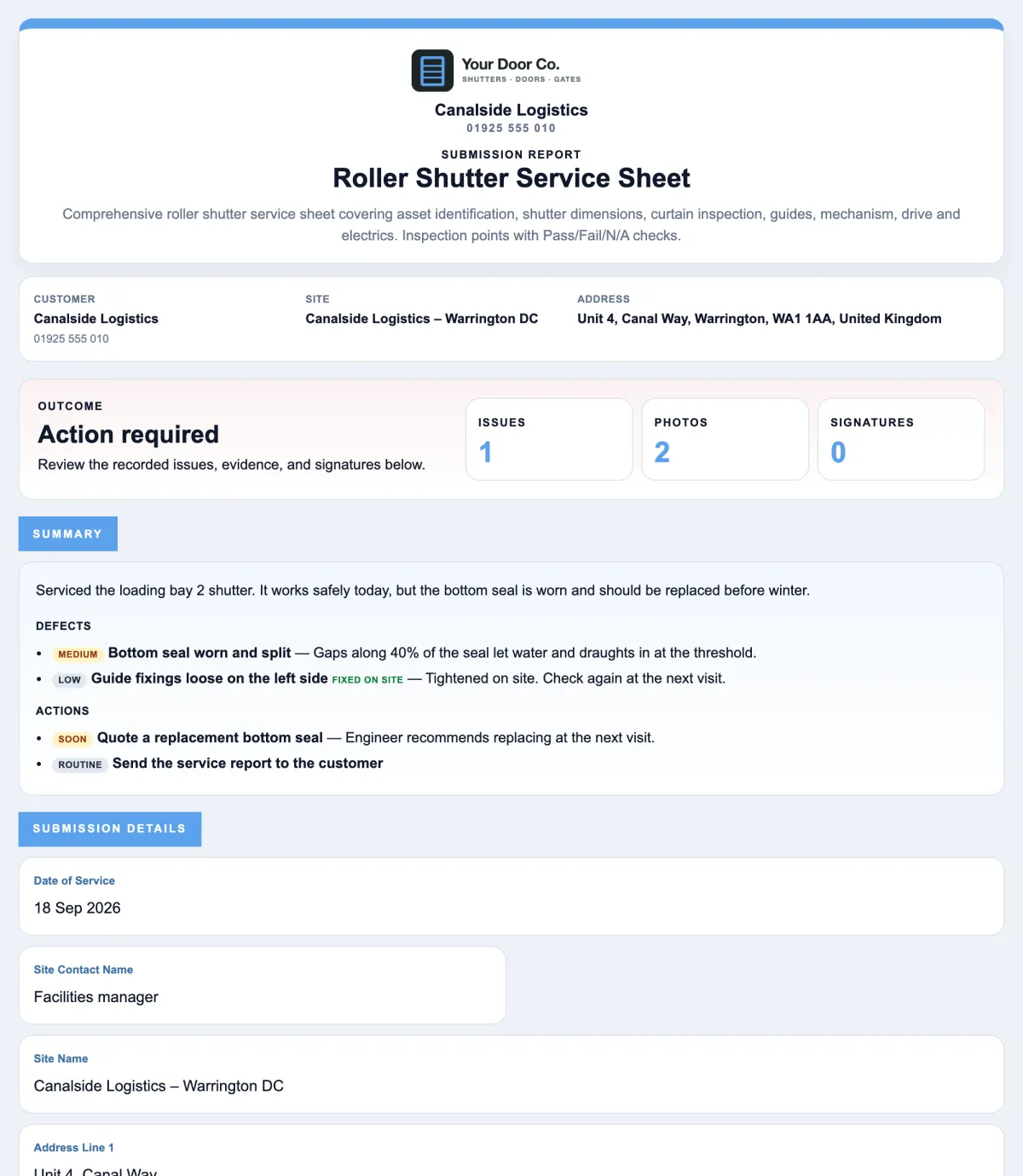 Branded service report with the company logo, customer, outcome, summary of defects and actions, and the answers
