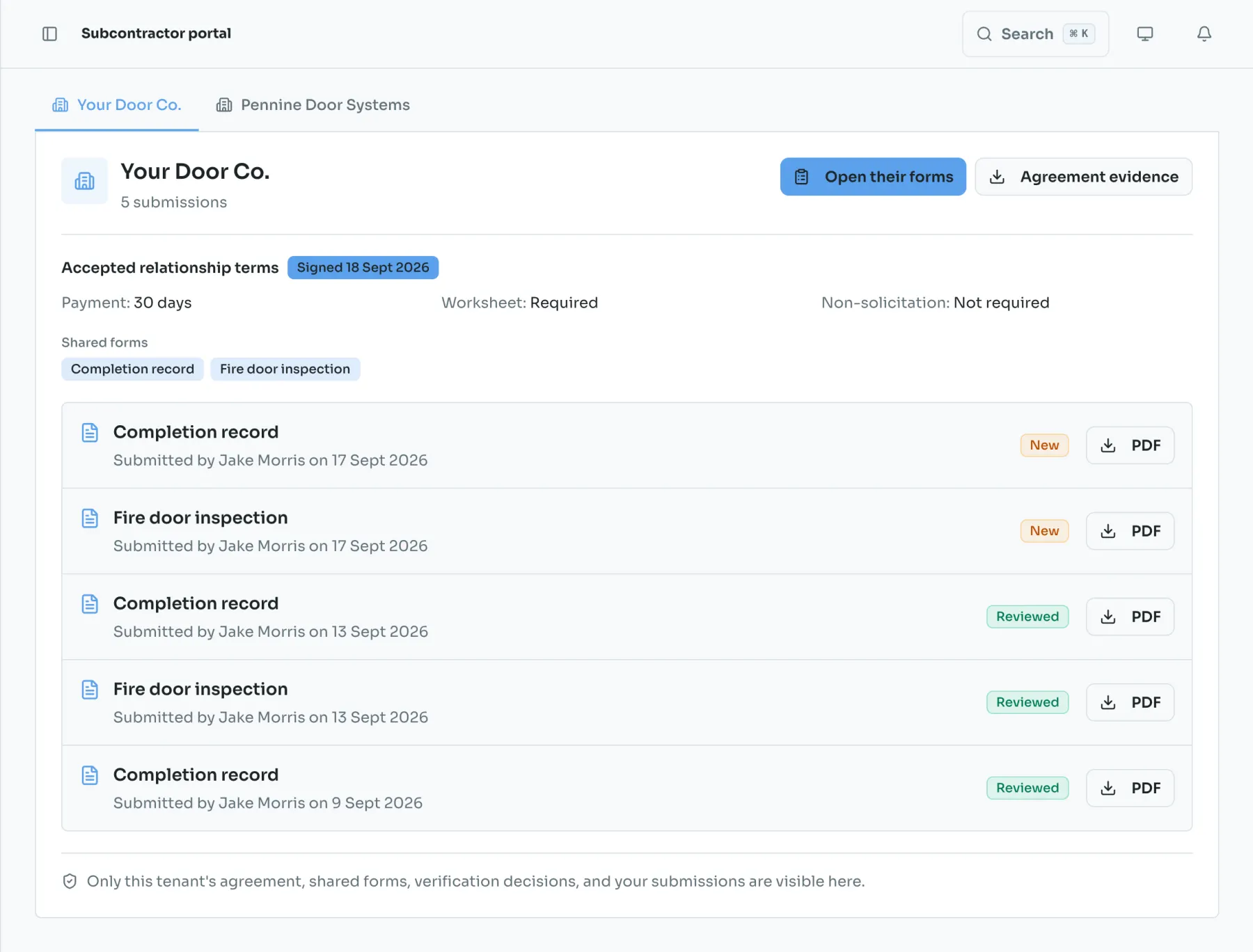 Subcontractor portal listing the companies a subcontractor works for, their agreed terms and submitted sheets