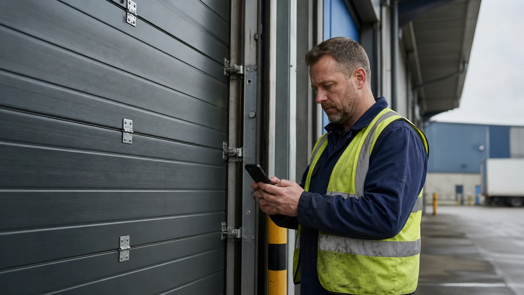 Door engineer working beside an industrial sectional door