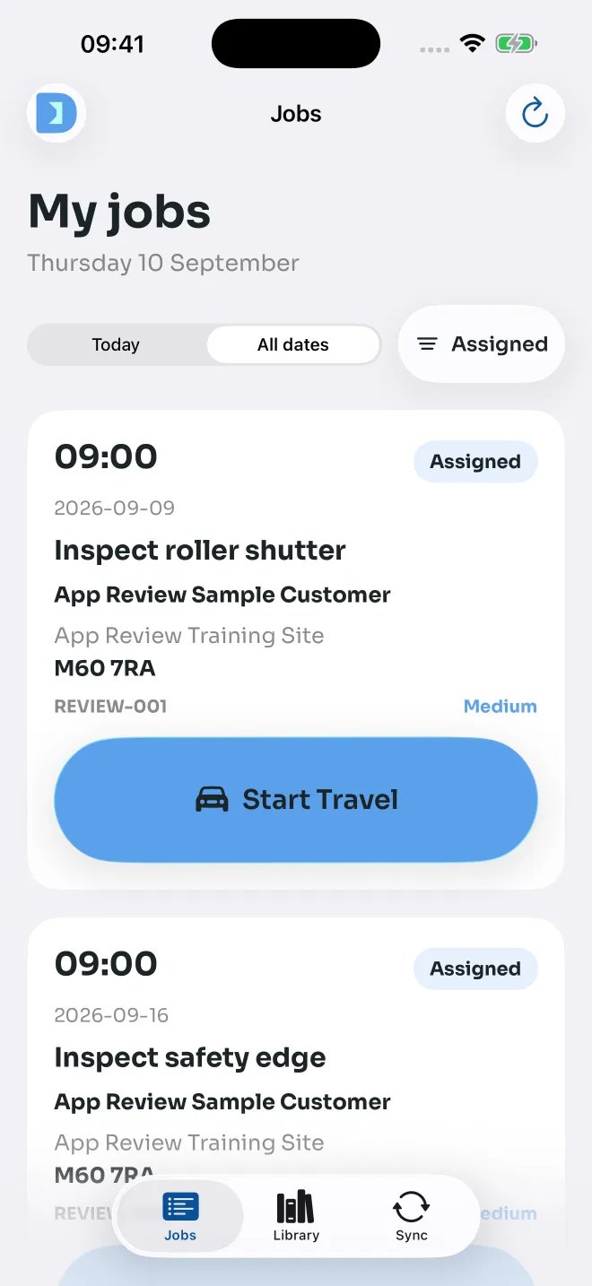 Door Ops Engineer job list with sample jobs and a large Start Travel button