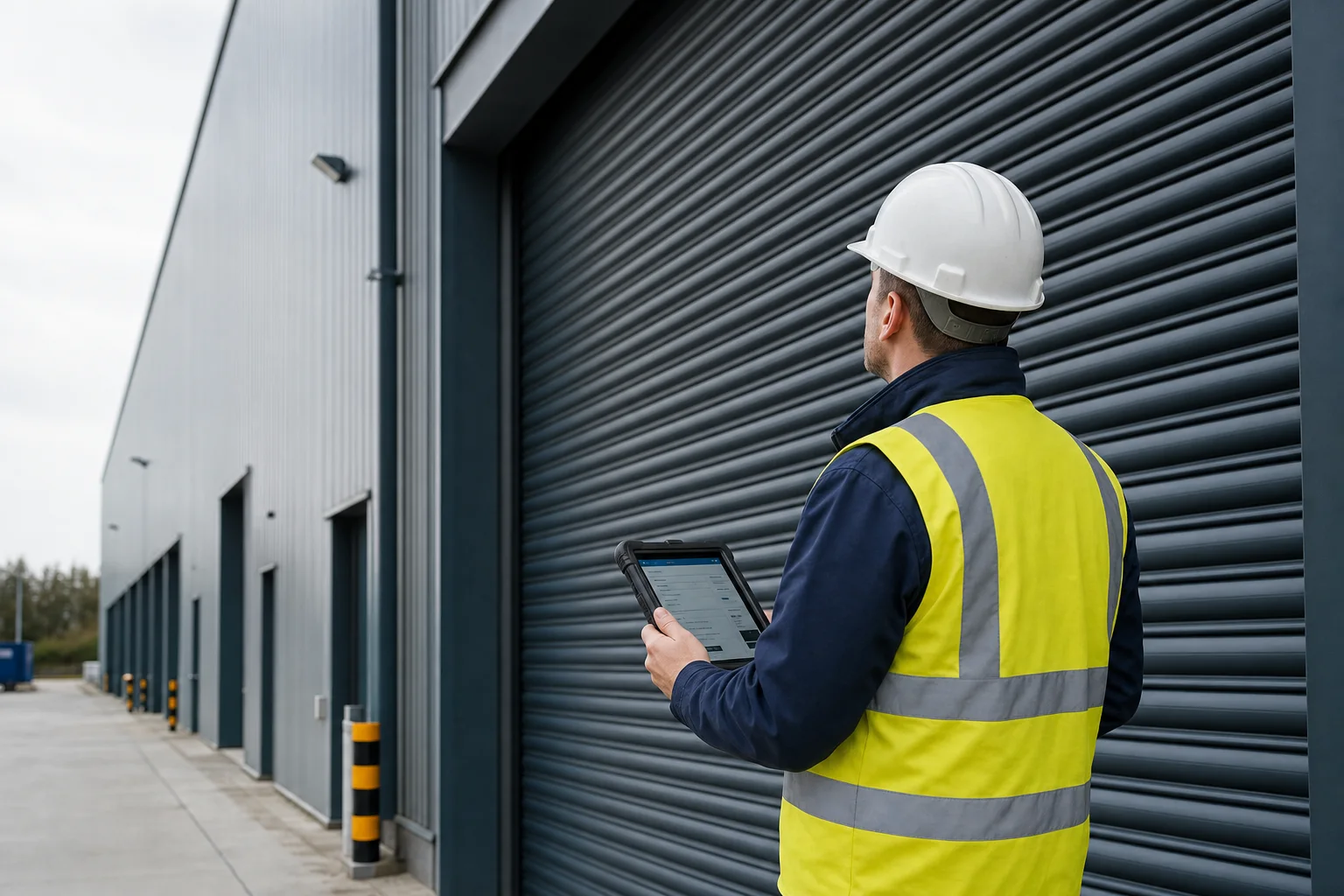 Door engineer using a tablet beside an industrial roller shutter
